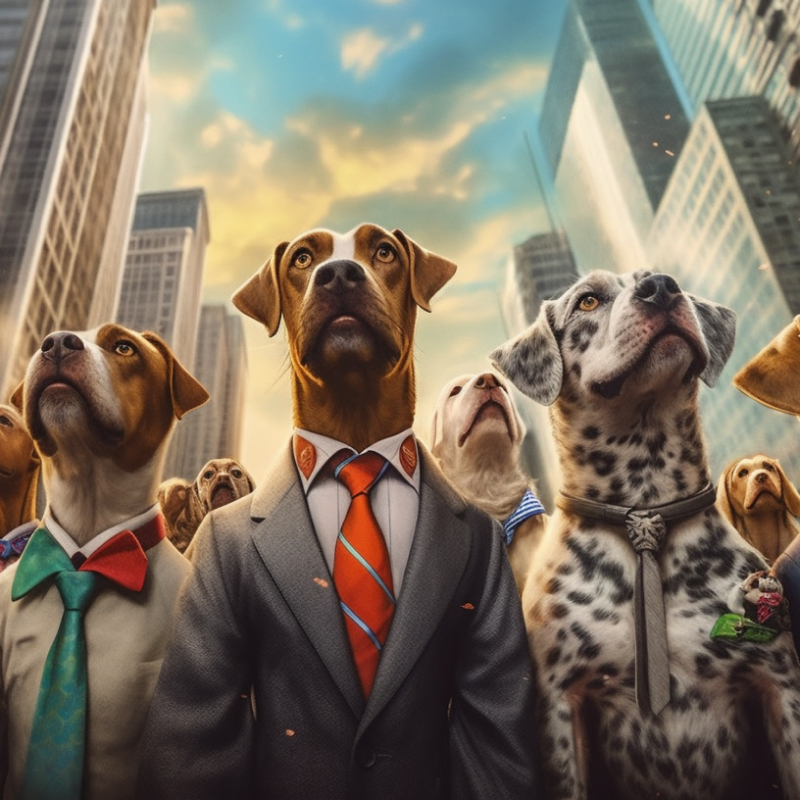 A group of city dogs looking up