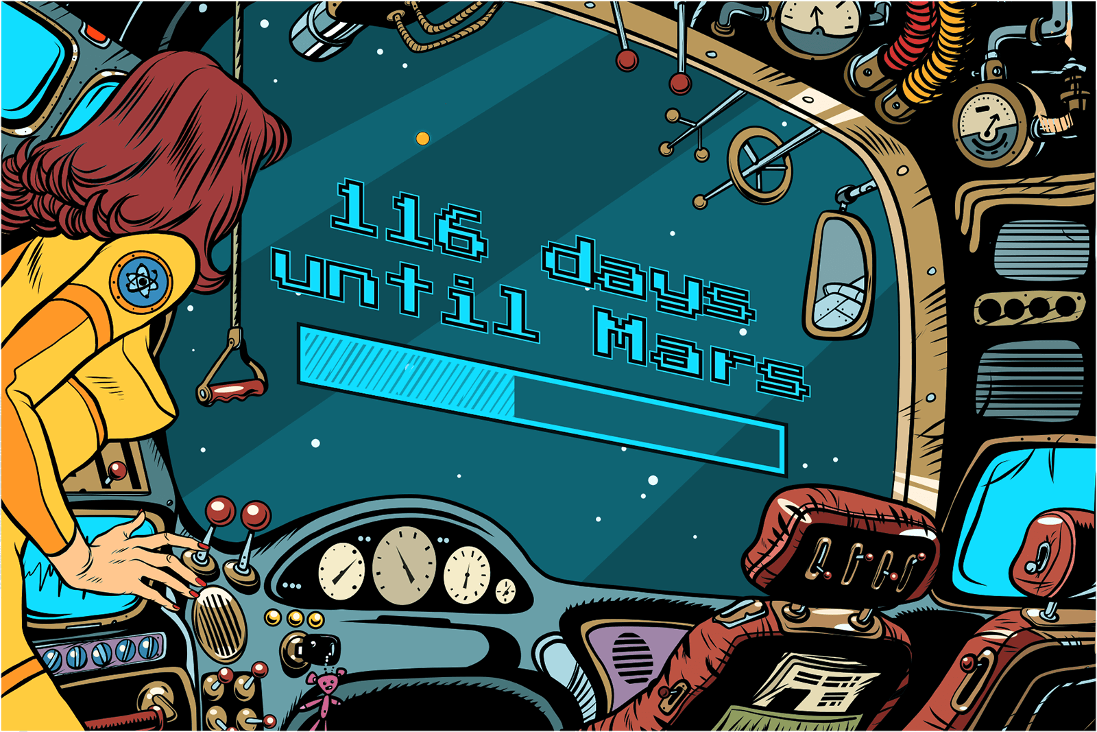 Astronauts on the way to mars, looking at a progress bar with 116 days remaining. A trip to Mars means ~260 very boring, anxious days for a few lucky astronauts.