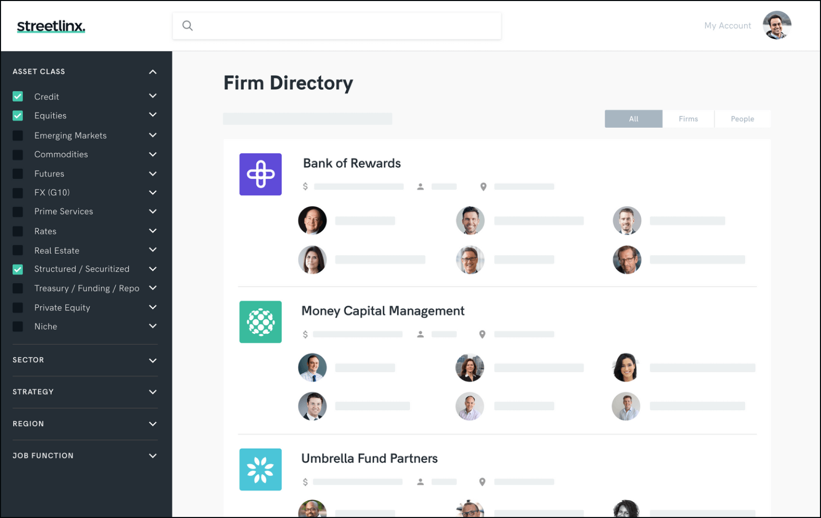 Redacted design for StreetLinx's firm directory, the main view in the product