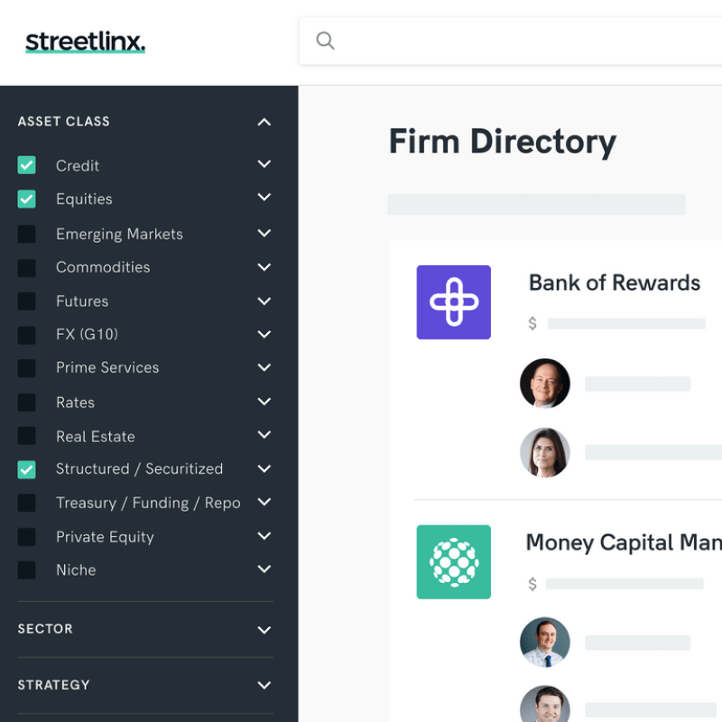 Redacted design for StreetLinx's firm directory, the main view in the product